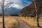 Italian Alps, Pathway between trees leading to alpine village