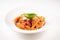 Italian Amatriciana Pasta with tomato sauce and smoked bacon