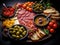 Italian Antipasti Set with Small Peppers Stuffed with Cream Cheese, Pickled Olives, Marinated Mushrooms