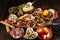 Italian antipasti wine snacks set. Cheese variety, Mediterranean olives, pickles, Prosciutto di Parma, tomatoes, artichokes