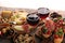 Italian antipasti wine snacks set. Cheese variety, Mediterranean olives, seafood salad, Prosciutto di Parma, tomatoes, anchovy and