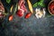 Italian antipasto snack with smoked meat, tomatoes and ciabatta bread on rustic background, top view