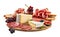 Italian appetizer Charcuterie Board served on wooden board platter, cut out on white background