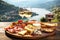 Italian appetizer prosciutto antipasti and and wine on a wooden terrace overlooking mountain lake. Generative AI