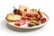 Italian appetizer prosciutto and cheeses served on white platter with figs and grape. Generative AI illustration