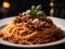 Italian beef spaghetti bolognese pasta on top with basil, cinematic food