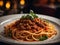 Italian beef spaghetti bolognese pasta on top with basil, cinematic food