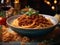 Italian beef spaghetti bolognese pasta on top with basil, cinematic food