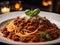 Italian beef spaghetti bolognese pasta on top with basil, cinematic food