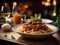 Italian beef spaghetti bolognese pasta on top with basil, cinematic food
