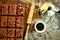 Italian breakfast with chocolate cake and coffee on a vintage board