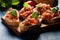 Italian bruschetta with roasted tomatoes, mozzarella cheese and