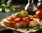 Italian bruschetta, toast with tomato salsa, olive oil and basil. Vegetarian cuisine, healthy meal, snack