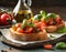 Italian bruschetta, toast with tomato salsa, olive oil and basil. Vegetarian cuisine, healthy meal, snack