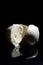 Italian buffalo mozzarella cheese from Campania region Italy on a black mirrored background with cutting light