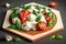Italian caprese salad with mozzarella and tomatoes made of paper in origami technique. Generative AI