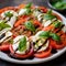Italian caprese salad with sliced tomatoes, mozzarella cheese, basil, olive oil.