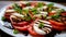 Italian caprese salad with sliced tomatoes, mozzarella cheese, basil, olive oil.