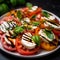 Italian caprese salad with sliced tomatoes, mozzarella cheese, basil, olive oil.