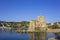 Italian castles on sea italian flag - castle of Rapallo , Liguria Genoa Tigullio gulf near Portofino Italy .