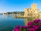 Italian castles on sea italian flag - castle of Rapallo , Liguria Genoa Tigullio gulf near Portofino Italy .