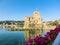 Italian castles on sea italian flag - castle of Rapallo , Liguria Genoa Tigullio gulf near Portofino Italy .