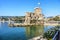 Italian castles on sea italian flag - Rapallo Genoa Tigullio gulf near Portofino Italy