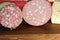 Italian cheese asiago type and mortadella and salami in typical
