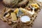 Italian cheese assorted, cheese with blue mildew, Camembert or brie cheese circle, Cheese Serving Knife. top view image with copy