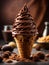 Italian Chocolate gelato ice cream cone, cinematic photography, studio lighting and background