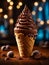 Italian Chocolate gelato ice cream cone, cinematic photography, studio lighting and background