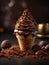Italian Chocolate gelato ice cream cone, cinematic photography, studio lighting and background