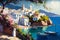 Italian city on seashore, white houses, green trees, flowers, sun, blue sky, boats, heat