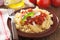 Italian classic pasta fusilli with tomato sauce and basil