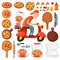 Italian cook pizza delivery boy pizzeria cartoon courier on motorbike and deliver dinner icon food box fast party meal