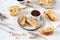 Italian cookies:  almond cantuccini, cup of coffee and lavender