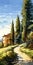 Italian Countryside Landscape Painting With Cypress Trees And Villa