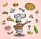 Italian cuisine and food hand-drawn illustration with a handsome chef
