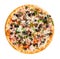 Italian cuisine. Fresh tasty pizza. Salami, mushrooms, paprika, ham, olives pizza isolated on white background