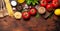 Italian cuisine ingredients. Tomatoes, pasta, herbs and spices