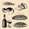 Italian cuisine menu. Hand sketched traditional southern europe food signs. Vector set of mediterranean meal elements.