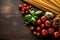 Italian cuisine showcase, pasta, tomatoes on rustic background copy space