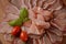 Italian cured pork shoulder. Antipasto Platter coppa stagionata and cherry tomatoes.