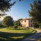 Italian cypress trees rows and a white road rural landscape. Siena, Tuscany, Italy, Europe. made with Generative AI