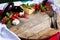 Italian decorated table with Italian flag, vegetables and wooden rustic board