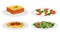 Italian Dishes with Vegetable Salad and Pasta with Tomato Sauce Served on Plates Side View Vector Set