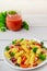 Italian durum wheat pasta rotini with tomato juice