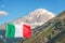 Italian flag, Monte Bianco Mont Blanc in the background view from Aosta Valley Italy