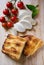 Italian food background; mozzarella, tomato and focaccia