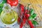 Italian food background, with tomatoes, basil, spaghetti, olive